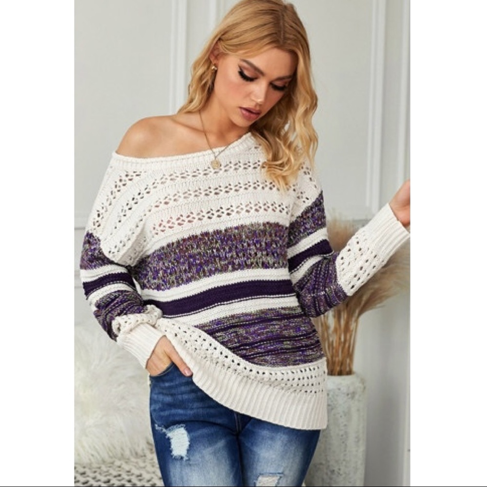 Purple Color Block Round Neck Sweater - Picture 4 of 6